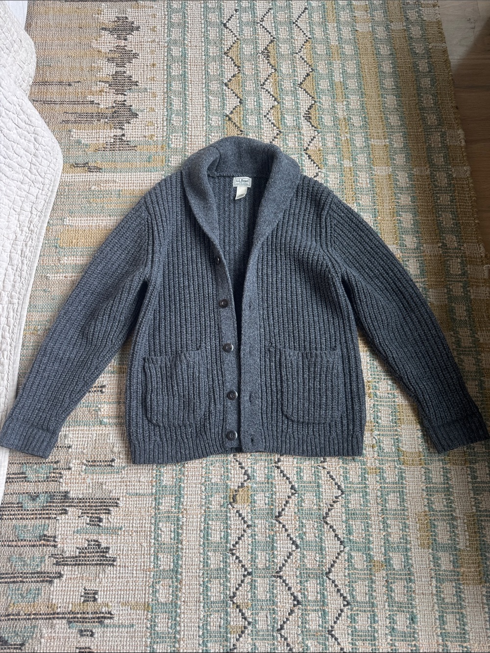 L.L. Bean Unisex Shawl Collar Ribbed Cardigan - Charcoal Gray sz S